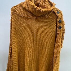 Free People Mustard Turtleneck Button Shoulder Sweater Size Small